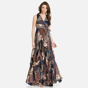 Tov Holy Brown Patchwork Draped Maxi Dress
